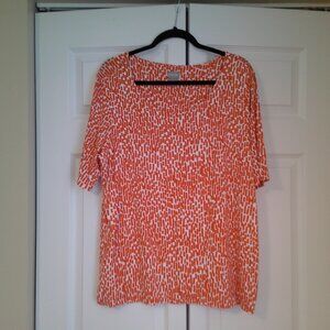 Chico’s Womens Short Sleeve Top size 3 16 -XL ORANGE WHITE geometric